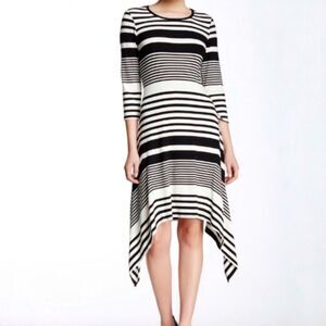 Trina Turk Black & White Striped Midi Dress Handkerchief Hem Woman’s Size XL